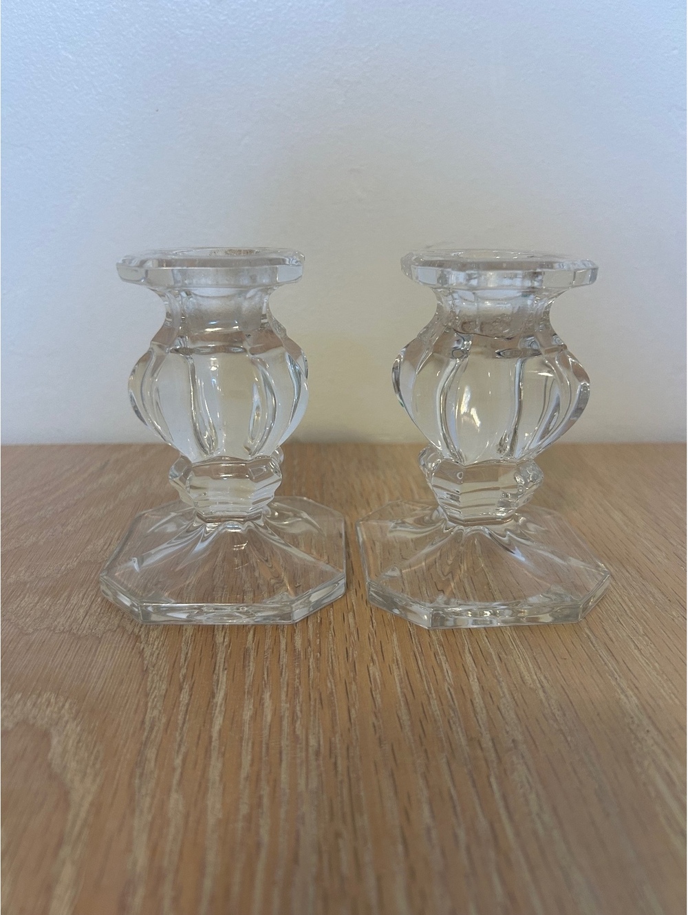 Clear Glass Candlestick Holders Pair Octagon Base Fluted Candle Holders